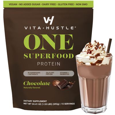 VitaHustle ONE Superfood Protein All-in-One Nutrition Shake, 20g Chocolate Plant Protein, 86 Superfoods, Vitamins, &amp; Minerals, Ashwagandha, Adaptogens, Meal Replacement, 15 Servings