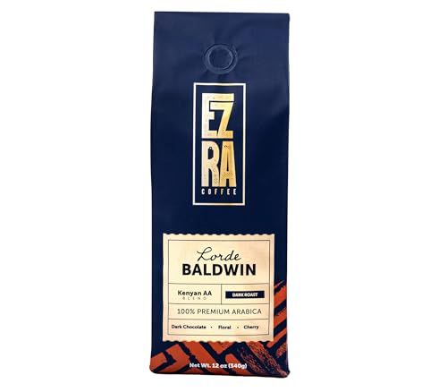 Ezra Coffee | Lorde Baldwin Dark Roast | 12oz Ground Coffee | Rich Flavor | Cherry, Dark Chocolate, Floral Tasting Notes | Premium Arabica Beans | Bold &amp; Smooth Coffee 12oz