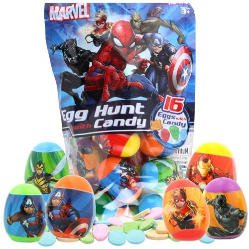 Marvel Character Designed 16 Count Prefilled Easter Eggs with Candy including Rocket Raccoon, Spider-man, Hulk and Captain America Sweet Candies for Easter Basket Stuffers &amp; Egg Hunt Must-Haves for