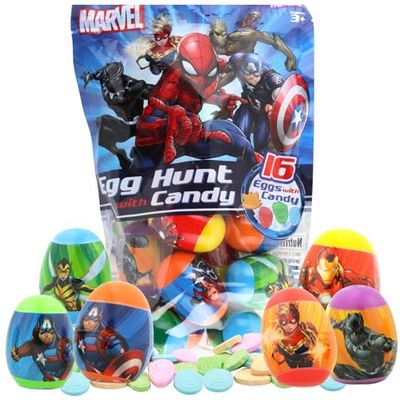 Marvel Character Designed 16 Count Prefilled Easter Eggs with Candy including Rocket Raccoon, Spider-man, Hulk and Captain America Sweet Candies for Easter Basket Stuffers &amp; Egg Hunt Must-Haves for