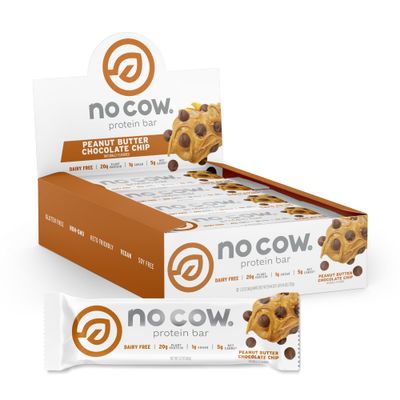 No Cow High Protein Bars, Peanut Butter Chocolate Chip - Healthy Snacks, 20g Vegan Protein, High Fiber, Low Sugar, Dairy &amp; Gluten Free (12 Count)