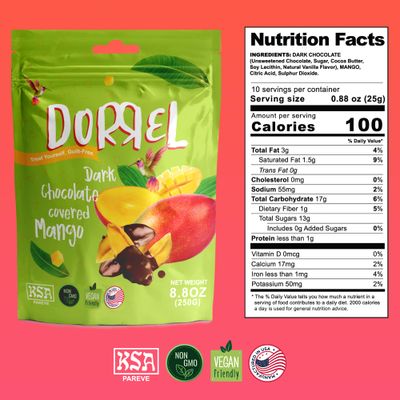Dorrel Dark Chocolate Covered Mango - Chocolate Covered Fruit - Nutritious and Sweet Snacks - Organic, Vegan - Natural Probiotic - Non-GMO - Kosher Pareve - Healthy, Unique Fruit Snack [8.8 Ounce]