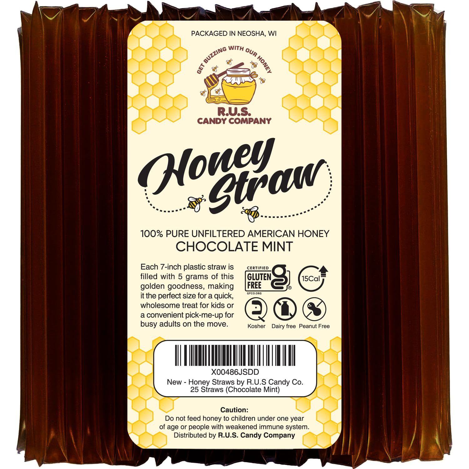 25 Pack Honey Sticks For Tea, Snacking, Honey Packets Single Serve Stir Sticks, Natural Flavor by R.U.S Candy Company- Honey Straws (Chocolate Mint)
