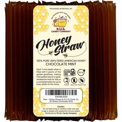 25 Pack Honey Sticks For Tea, Snacking, Honey Packets Single Serve Stir Sticks, Natural Flavor by R.U.S Candy Company- Honey Straws (Chocolate Mint)