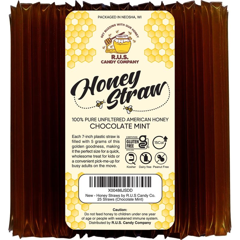 25 Pack Honey Sticks For Tea, Snacking, Honey Packets Single Serve Stir Sticks, Natural Flavor by R.U.S Candy Company- Honey Straws (Chocolate Mint)