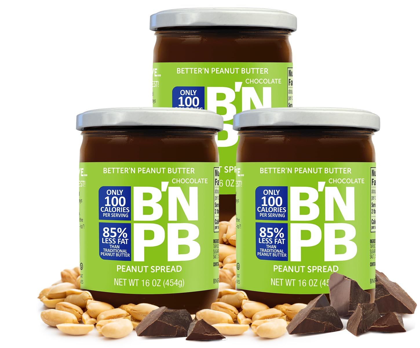 Low Fat Chocolate Peanut Butter Spread by Bettern Peanut Butter, Creamy Low-Calorie Peanut Spread with No Saturated Fat, Gluten Free, Dairy Free, Non GMO, Kosher, Pack of 3, 16 oz. Glass Jars