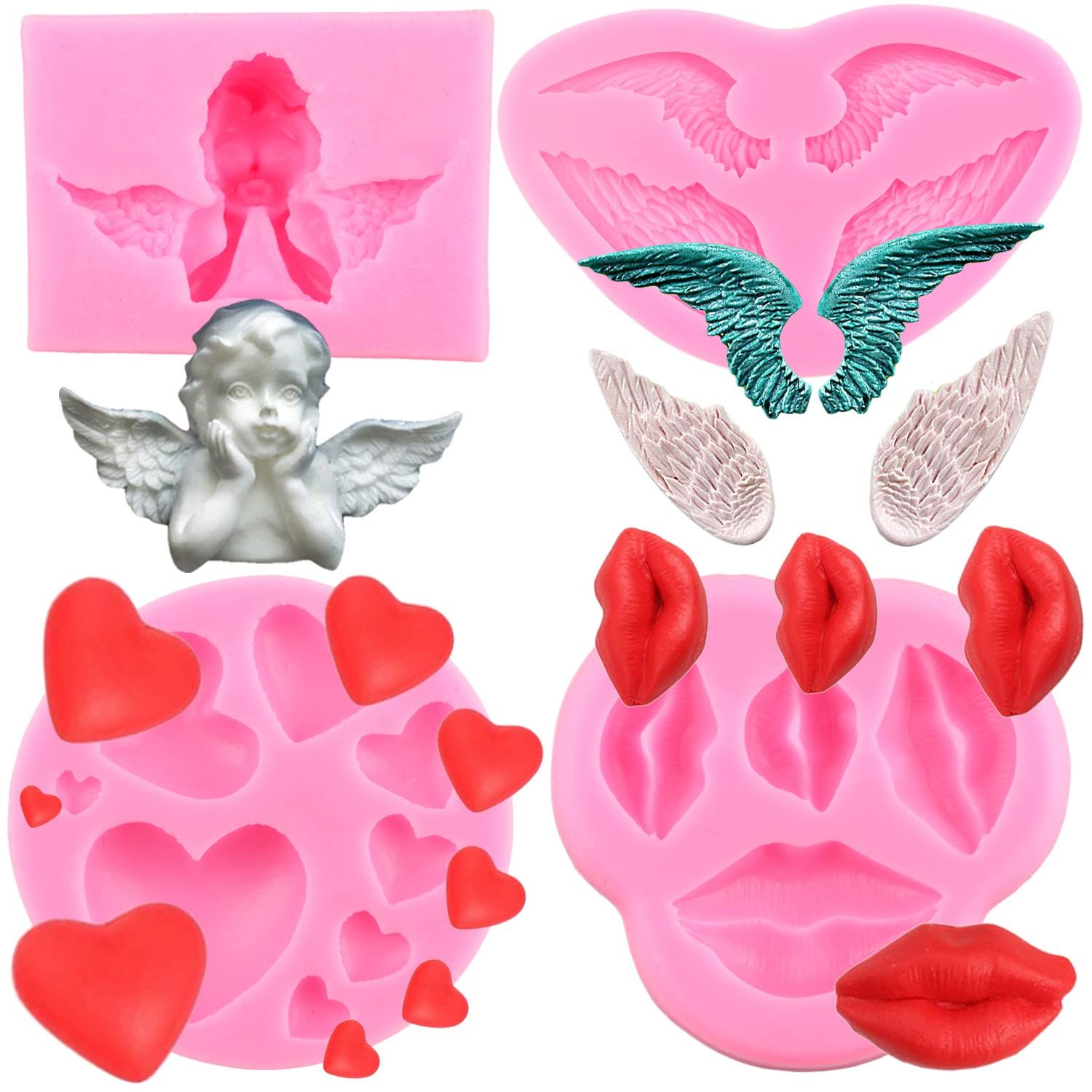 LKDQUTHM Angel Baby Silicone Molds Angel Wings Fondant Molds Lips Love Heart Candy Mold For Wedding Cake Decorating Cupcake Topper Chocolate Gum Paste Polymer Clay Set Of 4