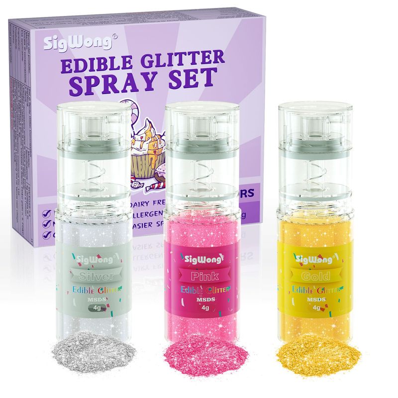 Edible Glitter Spray Set - 100% Edible Glitter for Cakes, Cupcakes, Cake Pops, Drinks, Chocolate, Strawberries, Cookies, Food Grade Coloring Glitter, Gold, Silver, Pink (4g/Bottle)
