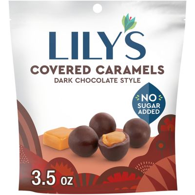 LILY&#39;S Dark Chocolate Style No Sugar Added, Covered Caramels Bag, 3.5 oz