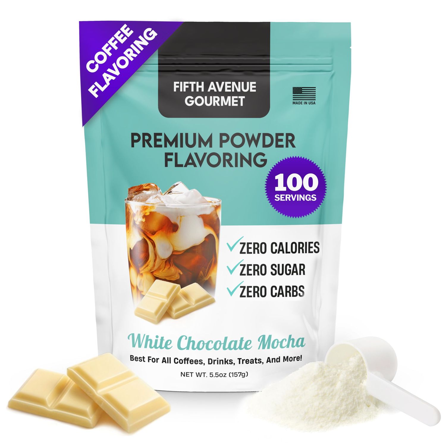 Fifth Avenue Gourmet Premium Powder Flavoring, Zero Sugar &amp; Calories, 157g Powder Flavoring for Coffee, Drinks &amp; Treats, Ideal for Keto &amp; Low-Carb Lifestyles - 100 Servings, White Chocolate Mocha
