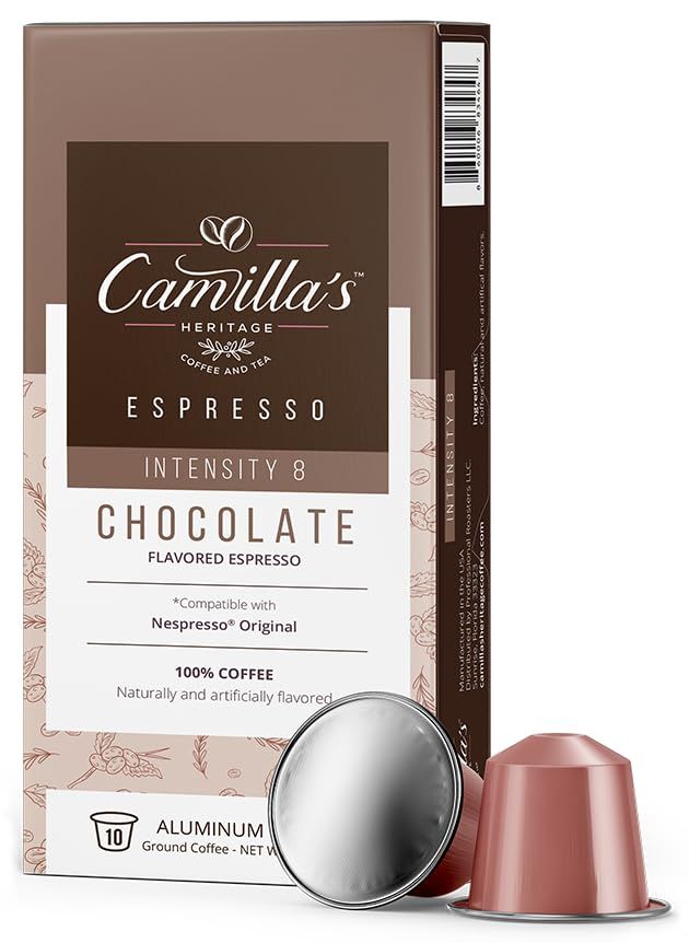 Camilla&#39;s Heritage Coffee, Espresso Cups, 60 Flavored Coffee Pods, Espresso Chocolate, Medium Roast, Intensity 8, Single Cup Aluminum Coffee Capsules, Compatible with Nespresso Original, Brews 1.35oz