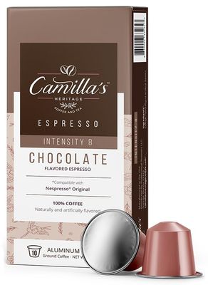 Camilla&#39;s Heritage Coffee, Espresso Cups, 60 Flavored Coffee Pods, Espresso Chocolate, Medium Roast, Intensity 8, Single Cup Aluminum Coffee Capsules, Compatible with Nespresso Original, Brews 1.35oz