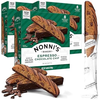 Nonni&#39;s Espresso Chocolate Chip Biscotti Cookies - 3 Boxes Espresso Coffee Cookies - Espresso Chocolate Chip Cookies w/Dark Chocolate - Italian Biscotti Individually Wrapped Cookies Kosher - 6.88 oz