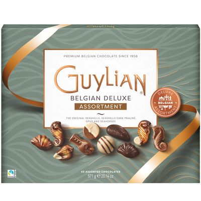 Belgian Chocolate Deluxe Gift Box, 53pc Gourmet Assortment by Guylian, Original Seashells, Opus Seahorses, Dark Praline Chocolate Treats, 20.14 oz