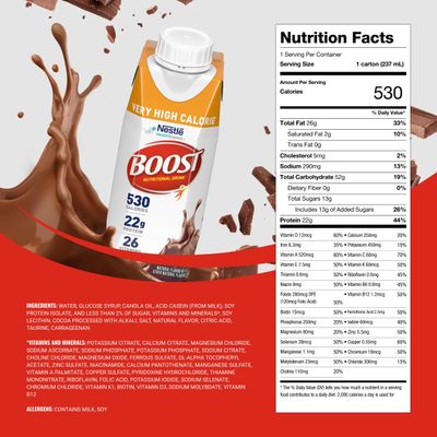 Boost Very High Calorie Chocolate Nutritional Drink - 22g Protein, 530 Nutrient Rich Calories, 8 Fl Oz (Pack of 24)