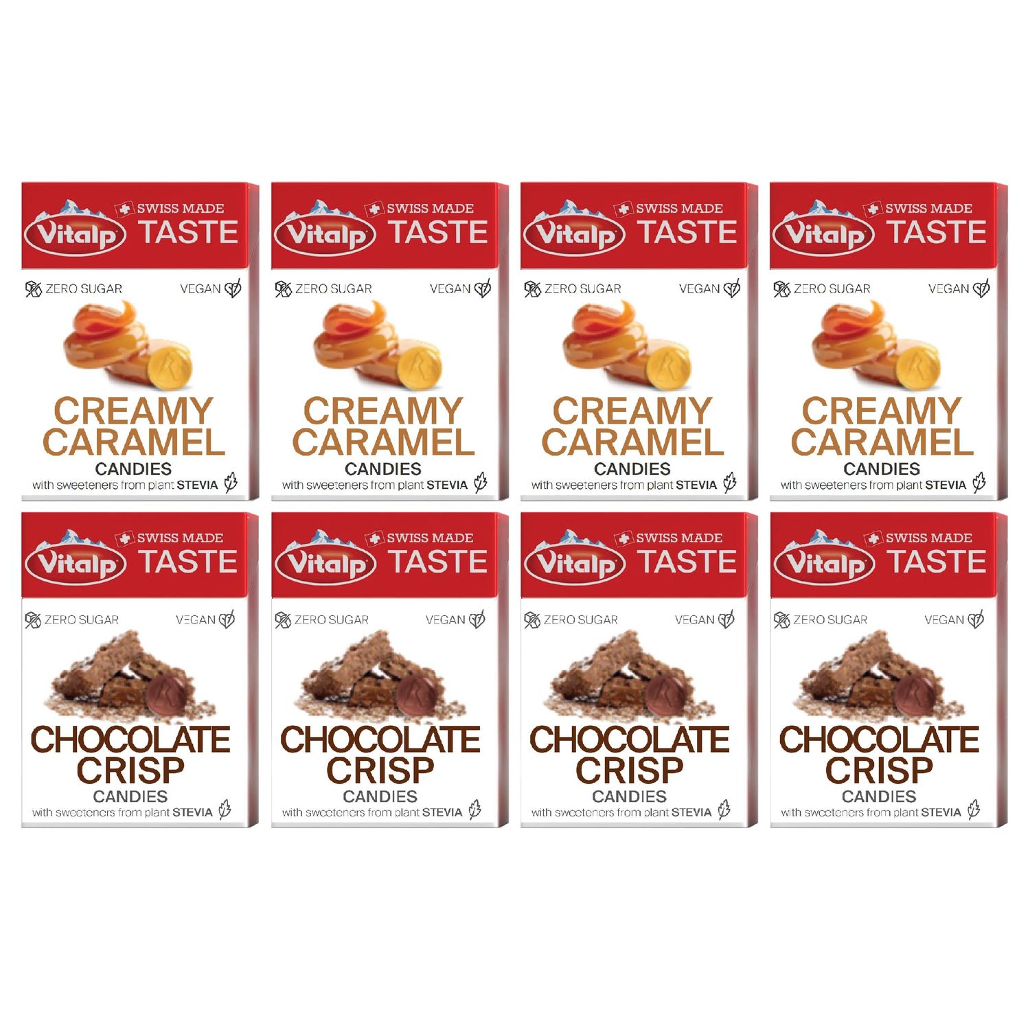 Vitalp Taste, Swiss Made, Sugar Free Hard Candy with Stevia, Vegan, Variety Pack, 4 Boxes Each of Creamy Caramel and Chocolate Crisp Flavors, 25g/0.88 Ounce Packs, 8 Boxes Total