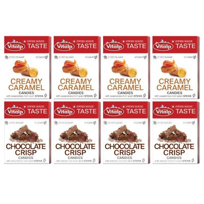 Vitalp Taste, Swiss Made, Sugar Free Hard Candy with Stevia, Vegan, Variety Pack, 4 Boxes Each of Creamy Caramel and Chocolate Crisp Flavors, 25g/0.88 Ounce Packs, 8 Boxes Total