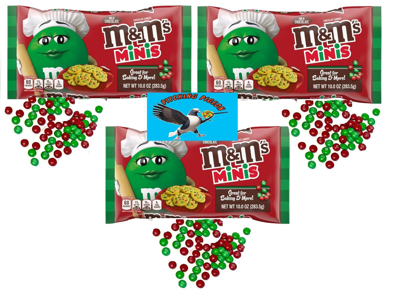 M&amp;Ms Minis Milk Chocolate Red &amp; Green Christmas Holiday Candy 30oz - Great For Baking or Stocking Stuffer Gifts - Includes PITCHING PIGEON Magnet