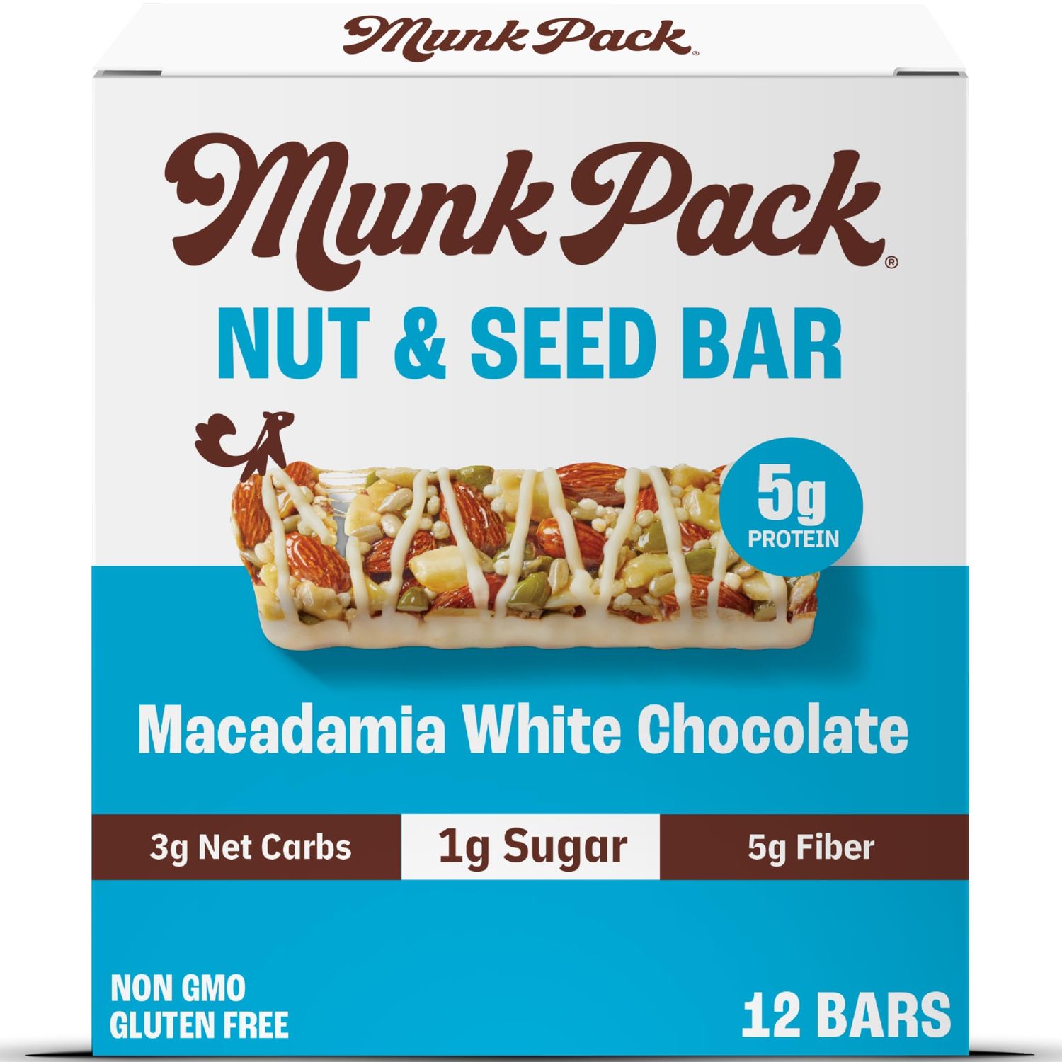 Munk Pack Keto Snack Bars, Macadamia White Chocolate - Low Carb Nut Bar with 6g Protein, 1g Sugar with Allulose - Gluten Free &amp; Low Glycemic - 12 Count