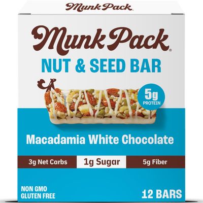 Munk Pack Keto Snack Bars, Macadamia White Chocolate - Low Carb Nut Bar with 6g Protein, 1g Sugar with Allulose - Gluten Free &amp; Low Glycemic - 12 Count