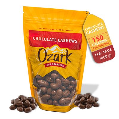 OZARK NUT ROASTERS, Chocolate Cashews, Chocolate-Flavored Cashews, Premium Snack Nuts, World-Class Gourmet Candied Peanuts, Resealable Pack (16.0 oz)