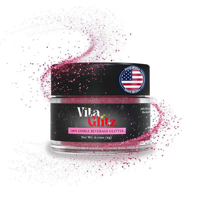 VitaGlitz Edible Glitter 4g, Brew Glitter for Cocktails, Mocktails and Beverages. Food Decorating Sprinkle Dust for Drinks, Cake Decorating, Wine &amp; Chocolates. Glimmer Dust Romantic Shimmer (Pink)