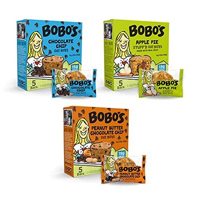 Bobo&#39;s Oat Bites Stuffd Variety Pack, (Chocolate Chip, Peanut Butter Chocolate Chip and Apple Pie) Pack of 15 (1.3 oz Bites) 5 of each, Gluten Free Whole Grain Rolled Oats