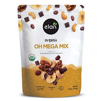 Elan Organic Oh Mega Mix, 4.8 oz, Vegan Dark Chocolate, Dried Fruits (Cranberries &amp; Banana Chips), Nuts (Chia Walnuts &amp; Roasted Cashews), Non-GMO, Gluten-Free, Vegan, Guilt-Free Snacks
