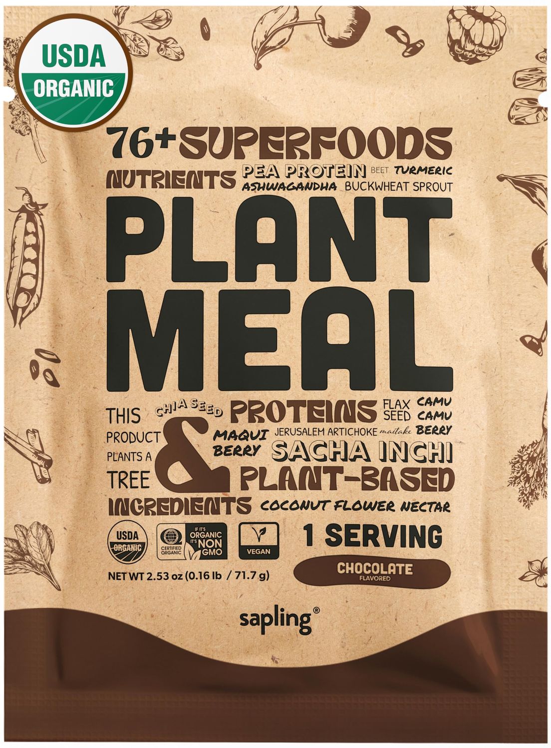 Plant Meal Replacement Shake - Chocolate - 25g of Plant Based Vegan Protein Powder, 76+ Organic Superfoods, Vitamins &amp; Minerals, Mushrooms, Super Greens, Digestive Enzymes &amp; Probiotics - 1 Serving