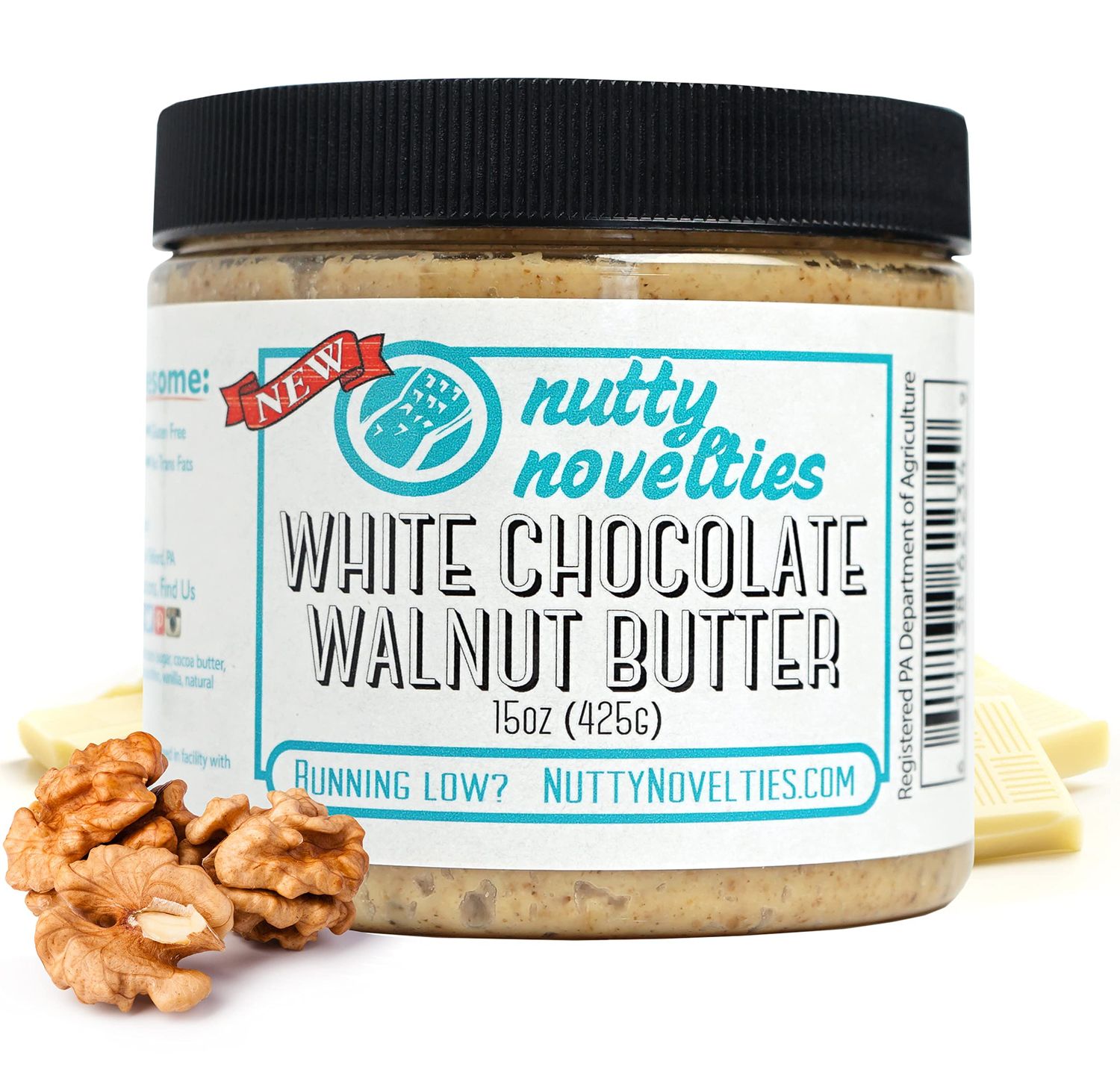 Nutty Novelties White Chocolate Walnut Butter - High Protein, Sweet Walnut Butter - All-Natural, Light Walnut Butter Free of Cholesterol &amp; Preservatives - Pure Walnut Butter - 15 Ounces