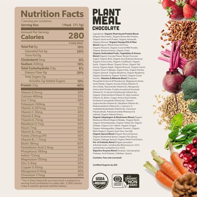 Plant Meal Replacement Shake - Chocolate - 25g of Plant Based Vegan Protein Powder, 76+ Organic Superfoods, Vitamins &amp; Minerals, Mushrooms, Super Greens, Digestive Enzymes &amp; Probiotics - 1 Serving