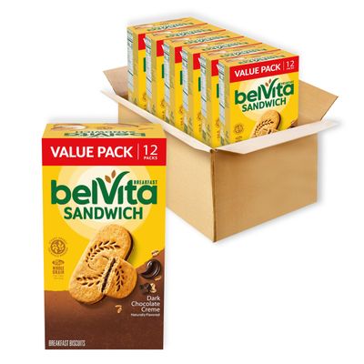 belVita Breakfast Sandwich Dark Chocolate Creme Breakfast Biscuits, Value Pack, 72 Total Packs, 6 Boxes (2 Sandwiches Per Pack)