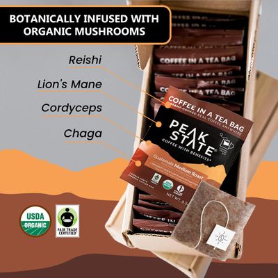 Peak State Coffee with Benefits, Medium Roast - Mushroom Coffee, Low Acid &amp; Smooth, Dark Chocolate &amp; Sweet Grape, Organic Whole Bean Coffee, Gluten Free, 10 Single Serve Brew Bags