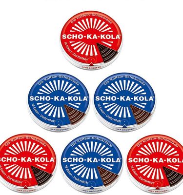 Dark Chocolate 3 tins x 100 g and Milk Chocolate 3 tins x 100 g SCHO-KA-KOLA with natural Caffeine from Cocoa, Cola-Nut-Powder and Coffee / Germany