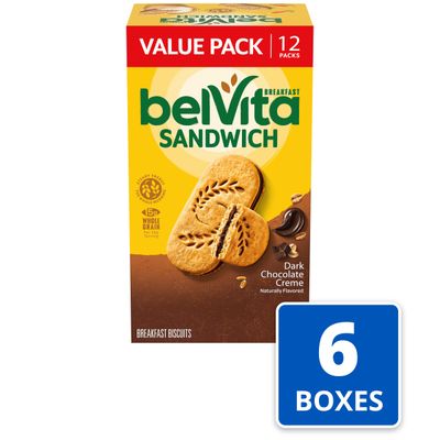 belVita Breakfast Sandwich Dark Chocolate Creme Breakfast Biscuits, Value Pack, 72 Total Packs, 6 Boxes (2 Sandwiches Per Pack)