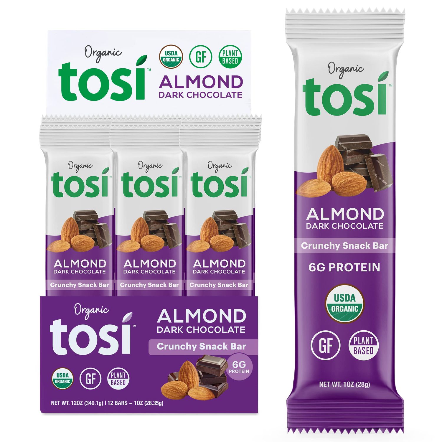 Tosi Dark Chocolate Almond Protein Bars, Plant Based with Nuts, Gluten-Free Crunchy Snacks, Vegan, Organic, Flax &amp; Chia Seeds, Soy-Free, Omega 3s, 6G Protein, 1 oz, 12-Pack