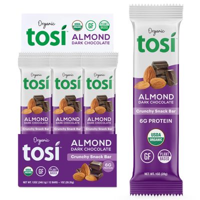 Tosi Dark Chocolate Almond Protein Bars, Plant Based with Nuts, Gluten-Free Crunchy Snacks, Vegan, Organic, Flax &amp; Chia Seeds, Soy-Free, Omega 3s, 6G Protein, 1 oz, 12-Pack
