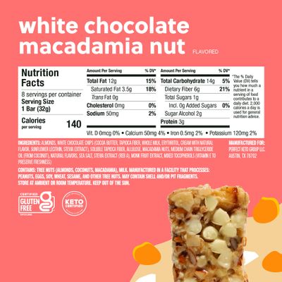 Perfect Keto Nola Bars, Gluten Free, Keto Granola Bars, Low Carb Snack or Breakfast Bar with No Sugar Added, Keto Diet Food, Healthy Snacks for Adults, 2g Net Carb, White Chocolate Macadamia, 8 Pack