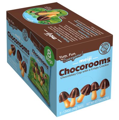 Meiji Chocorooms Crispy Crackers, Milk and Dark Chocolate Combination - 1.34 oz, Pack of 8 - Bite Sized Crackers in Fun Mushroom Shapes