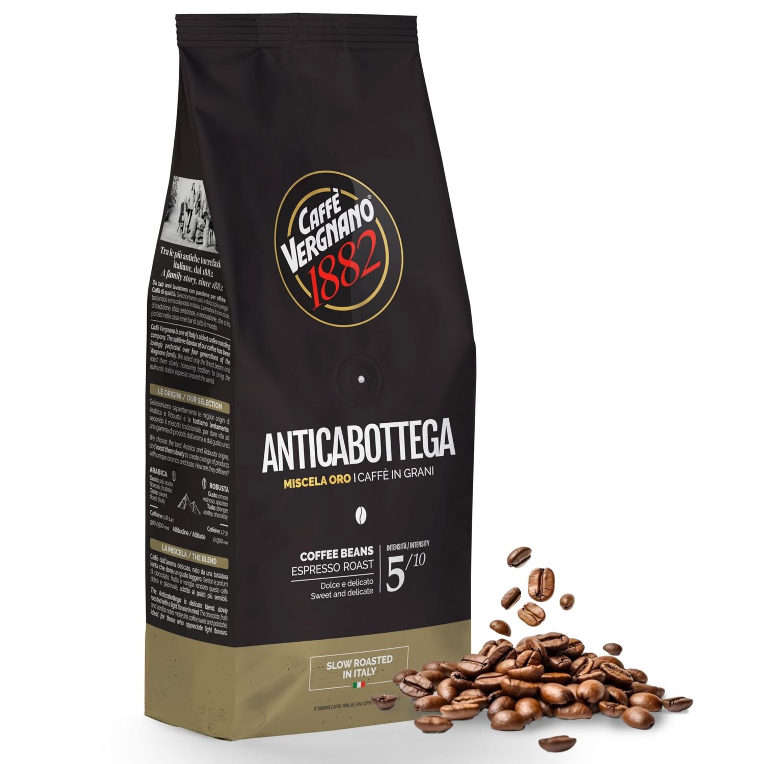 Caffe Vergnano 1882 Antica Bottega Whole Bean Arabica Medium Roast Espresso, 1.1 lbs Bag - Italian Coffee Beans with notes of Chocolate, Nuts &amp; Caramel, Intensity 5/10-500g Bag