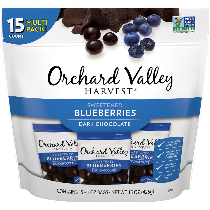 Orchard Valley Harvest Dark Chocolate Covered Blueberries, 1 Ounce(Pack of 15), Gluten Free, Non-GMO, No Artificial Ingredients