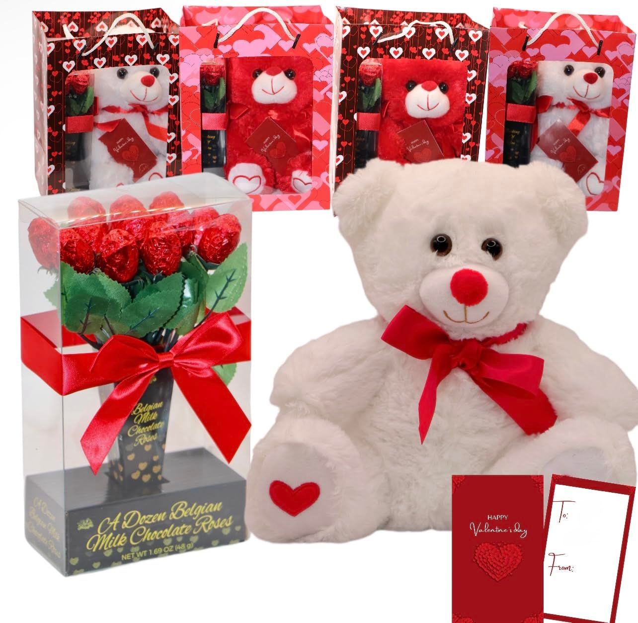 C15 Valentine Gift Set; Milk Chocolate Roses with Cute Teddy Bear Set; Valentines Day Gifts with Valentine Bag and tag