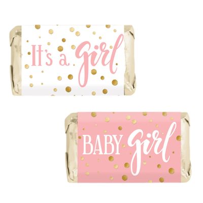 Pink and Gold It&#39;s a Girl Baby Shower Wrappers for Mini Chocolate Bars, Baby Shower Party Favor Candy Stickers - 45 Count