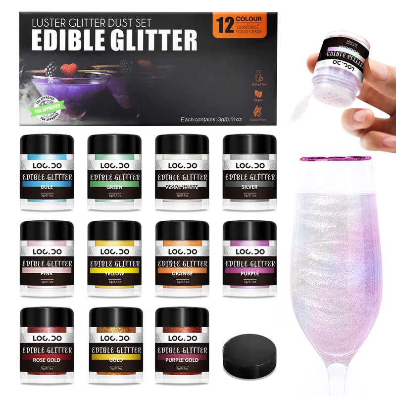 Edible Glitter 11+1 Colors Set, Food Grade Luster Dust, Edible Glitter for Drinks, Beer, Cake Decorating, Chocolates, Fondant, Strawberries, Cupcakes, Vegan and Gluten Free (3g/bottle)