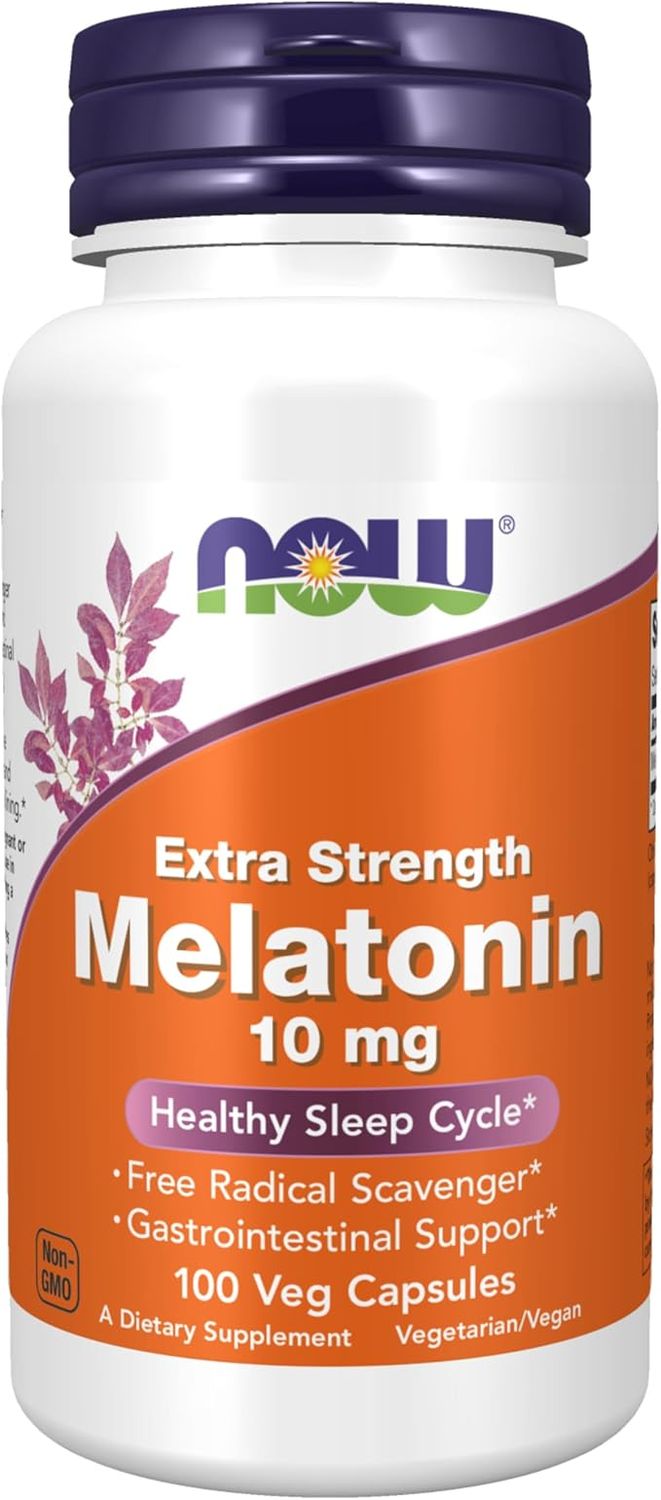NOW Foods Supplements, Melatonin, Extra Strength 10 mg, Free Radical Scavenger*, Healthy Sleep Cycle*, 100 Veg Capsules
