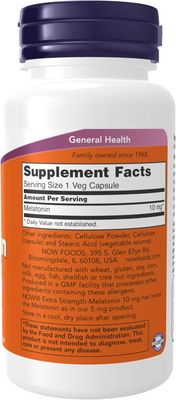NOW Foods Supplements, Melatonin, Extra Strength 10 mg, Free Radical Scavenger*, Healthy Sleep Cycle*, 100 Veg Capsules