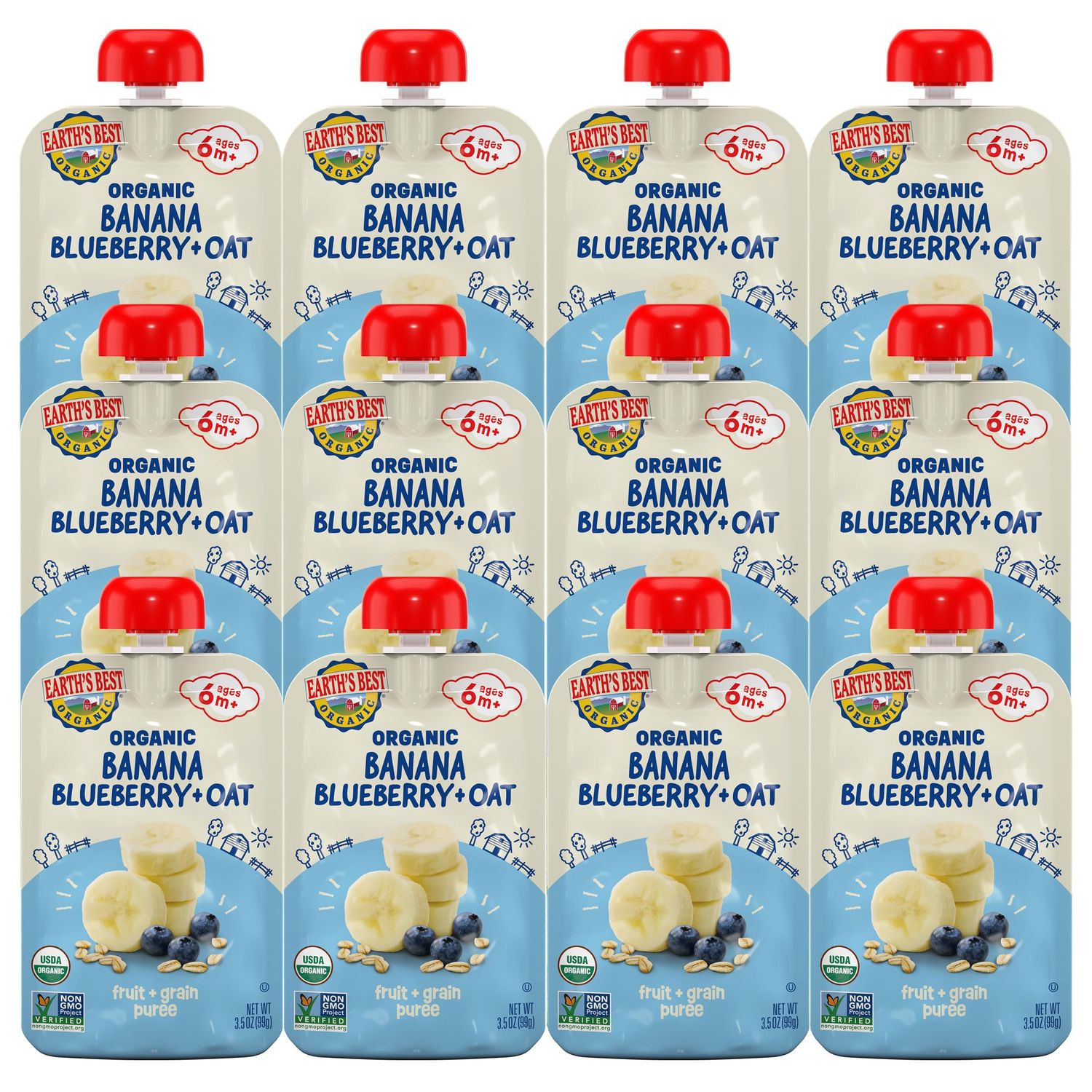 Earth&#39;s Best Organic Baby Food Pouches, Wholesome Breakfast Puree for Babies 6 Months and Older, Organic Banana Blueberry and Oat Puree, 3.5 oz Resealable Pouch (Pack of 12) (Packaging May Vary)