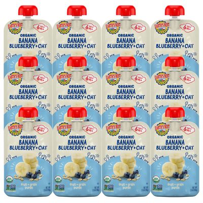 Earth&#39;s Best Organic Baby Food Pouches, Wholesome Breakfast Puree for Babies 6 Months and Older, Organic Banana Blueberry and Oat Puree, 3.5 oz Resealable Pouch (Pack of 12) (Packaging May Vary)