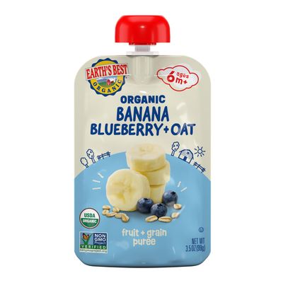 Earth's Best Organic Baby Food Pouches, Wholesome Breakfast Puree for Babies 6 Months and Older, Organic Banana Blueberry and Oat Puree, 3.5 oz Resealable Pouch (Pack of 12) (Packaging May Vary)