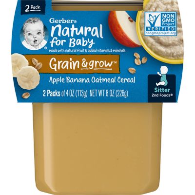 Gerber Baby Food, 2nd Foods, Mixed Cereal, Apple Banana Oatmeal Cereal Puree, 4 Ounce Tubs, 2-Pack (Pack of 8)